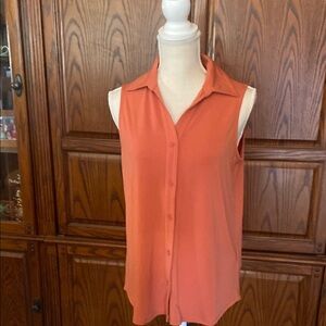 Orange Sleeveless Button Down Top with Notched Collar